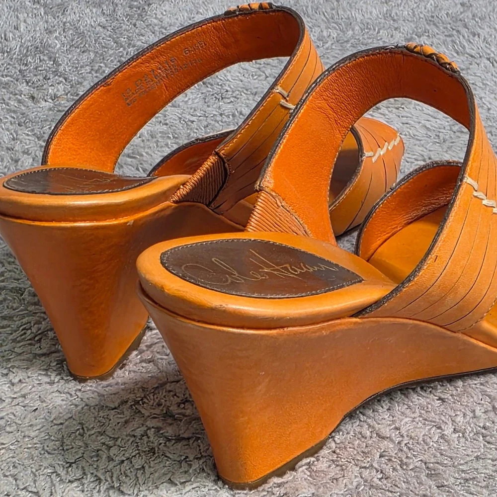 VTG Cole Haan NikeAir Wedge Sandals Orange Leather Woven Peep Toe Womens‎ 6.5 B